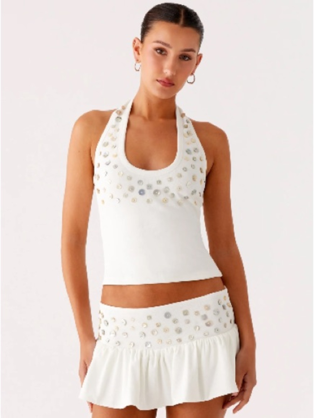 Peppermayo White Embellished Halter Tank and Skirt SET